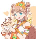  1girl :d bare_shoulders blue_eyes bow brown_hair character_name clover detached_sleeves dolldolldd double_bun four-leaf_clover hair_bun hands_up happy_birthday heart heart_hands highres idol_clothes kanamori_maria kiratto_pri_chan long_hair looking_at_viewer open_mouth orange_bow pretty_series puffy_detached_sleeves puffy_sleeves smile solo two_side_up upper_body wrist_cuffs 