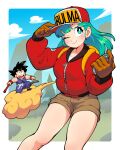  1boy 1girl 333_(dqqqdle) baseball_cap blue_pants blue_shirt blush brown_gloves brown_shorts bulma character_name dragon_ball dragon_ball_(classic) flying_nimbus gloves green_eyes green_hair hat highres holding holding_weapon jacket long_hair long_sleeves one_eye_closed pants red_headwear red_jacket ruyi_jingu_bang shirt shorts sleeveless sleeveless_shirt son_goku spiked_hair tree weapon white_shirt 