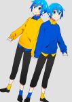  2boys :&gt; absurdres black_footwear black_pants blue_eyes blue_hair blue_nails blue_shirt blue_socks blue_sweater blush collared_shirt commentary_request full_body grey_background hair_between_eyes highres holding_hands kaito_(vocaloid) looking_at_viewer male_focus mismatched_socks multiple_boys pants shio_ice shirt shoes short_hair simple_background socks sweater vocaloid yellow_shirt yellow_socks yellow_sweater 
