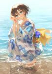  1girl :d absurdres barefoot beach blue_eyes brown_hair caustics floral_print grin hair_between_eyes highres japanese_clothes kimono long_sleeves looking_at_viewer obi ocean open_mouth original outdoors own_hands_clasped own_hands_together print_kimono sand sash shadow shore short_hair sidelocks smile solo teeth toumin_(onemunemu99) wading white_kimono wide_sleeves yukata 