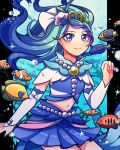  1girl 1jumangoku asymmetrical_skirt blue_collar blue_eyes blue_hair blue_shirt blue_skirt braid bubble closed_mouth clownfish collar commentary coral cowboy_shot cure_mermaid eel fish floating_hair go!_princess_precure gold_headwear gradient_hair hand_up kaidou_minami light_blush long_hair long_skirt looking_at_viewer magical_girl midriff multicolored_hair navel outside_border pillarboxed precure purple_hair shell_hair_ornament shirt short_sleeves single_braid skirt smile solo star_(symbol) streaked_hair thighs tiara underwater white_arm_warmers white_sleeves white_veil 