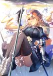 1girl absurdres armor blonde_hair blurry blurry_background braid breasts bubble commentary_request eyebrows_visible_through_hair fate/grand_order fate_(series) faulds gauntlets headpiece highres jeanne_d&#039;arc_(fate) jeanne_d&#039;arc_(fate)_(all) large_breasts long_braid neko-hime_(neko-hime) plackart purple_eyes solo standard_bearer thighhighs underwater 