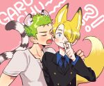  !? 2boys animal_ears beard_stubble black_necktie black_suit blonde_hair blue_eyes blue_shirt blush cigarette closed_eyes collarbone collared_shirt commentary_request cropped_torso curly_eyebrows facial_hair fox_boy fox_ears fox_tail green_hair hair_over_one_eye hand_on_another&#039;s_shoulder holding holding_cigarette imminent_bite long_bangs looking_at_viewer male_focus mitsubachi_koucha multiple_boys necktie one_piece open_mouth pink_background roronoa_zoro sanji_(one_piece) shirt short_hair short_sleeves simple_background striped_clothes stubble suit surprised tail tiger_boy tiger_ears tiger_tail twitter_username white_shirt white_tiger_print yaoi 