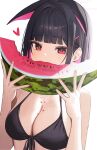  1girl absurdres animal_ears bare_shoulders bikini black_bikini black_hair blue_archive breasts cat_ears cat_girl cleavage colored_inner_animal_ears ears_down eating extra_ears food front-tie_bikini_top front-tie_top fruit halo highres holding holding_food holding_fruit kazusa_(blue_archive) large_breasts looking_at_viewer momocadraw pink_hair pink_halo red_eyes solo swimsuit upper_body watermelon watermelon_seeds watermelon_slice 