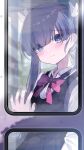 1girl ano_yo_iki_no_bus_ni_notte_saraba black_skirt blunt_bangs blush bow bowtie bus closed_mouth collared_shirt commentary_request dot_nose fang from_inside glass glass_door hair_ornament hand_on_glass hand_on_window hand_up highres jirai_kei light_smile long_hair long_sleeves looking_at_viewer motor_vehicle nore_th pink_bow pink_bowtie pleated_skirt purple_bow purple_bowtie purple_eyes purple_hair purple_skirt ribbon shirt skirt solo symbol-shaped_pupils tuyu_(band) twintails wing_hair_ornament wings 