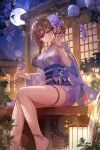  1girl absurdres barefoot blush breasts brown_hair cup fireworks floral_print hair_ornament haori highres holding holding_cup japanese_clothes kimono kimono_skirt lantern large_breasts long_hair looking_at_viewer moon night night_sky obi original outdoors paper_lantern purple_kimono sash short_kimono sitting sky smile solo thigh_strap tokkuri wide_sleeves wind_chime yolanda 