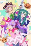  3girls :d blue_eyes blue_jacket blunt_bangs brown_hair claw_pose commentary_request crescent detached_sleeves dress fang green_hair green_shirt halloween_costume hands_up hat highres holding holding_sword holding_wand holding_weapon idol_clothes idol_time_pripara jack-o&#039;-lantern jacket jewelry ku_(residual666) long_hair long_sleeves looking_at_viewer manaka_non mini_hat mini_witch_hat mole mole_under_mouth multiple_girls neck_ribbon necklace open_mouth pink_dress pink_footwear pink_headwear pirate_costume pirate_hat pretty_series pripara pumpkin purple_eyes purple_hair ribbon shirt short_hair short_shorts shorts skull smile standing star_(symbol) sword taiyo_pepper tsukikawa_chili twintails two_side_up vampire_costume wand weapon white_shirt witch witch_hat 