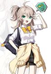  1girl ahoge alternate_costume bag black_bag bow bowtie clothes_around_waist elsword green_eyes grey_hair hand_on_own_hip hashtag_only_commentary highres jacket jacket_around_waist lithia_beryl_(elsword) long_hair look_128 looking_at_viewer school_bag school_uniform shirt side_ponytail sleeves_rolled_up smile solo v white_shirt yellow_bow yellow_bowtie yellow_jacket 