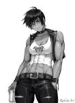  1girl abs alternate_costume belt berserk black_hair breasts can casca_(berserk) choker cleavage contemporary drink_can earrings hand_in_pocket highres holding holding_can jewelry looking_at_viewer muscular muscular_female open_clothes open_vest orange_eyes pants robusta_mania short_hair signature solo tank_top tattoo toned torn_clothes torn_pants vest white_background 