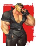  1boy absurdres bara baseball_cap beard black_shirt blonde_hair cowboy_shot facial_hair full_beard hairy hat hataraku_saibou hataraku_saibou_black highres huge_pectorals killer_t_(hataraku_saibou) lupin_barnabi male_focus mature_male muscular muscular_male pants pectoral_cleavage pectorals shirt short_hair short_sleeves solo sparse_chest_hair standing thick_arm_hair thick_beard thick_thighs thighs tight_clothes tight_pants tight_shirt 