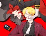  2boys alternate_eye_color alternate_hair_color alternate_hairstyle armlet bandana black_eyes black_gloves black_shirt black_suit blonde_hair blue_eyes cape collared_shirt cropped_torso curly_eyebrows dark_persona evil_smile gloves hair_over_one_eye hair_up hand_on_another&#039;s_chin hand_on_another&#039;s_face hand_on_another&#039;s_head long_bangs looking_at_another looking_to_the_side male_focus mob0322 multiple_boys necktie one_piece red_background red_bandana red_suit sanji_(one_piece) scared shirt short_hair simple_background smile suit sweatdrop twitter_username upside-down white_gloves white_necktie 