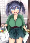  1girl absurdres bag blue_eyes blue_hair blush breasts cleavage cowboy_shot door green_hakama green_kimono hair_between_eyes hakama hakama_skirt highres holding japanese_clothes kantai_collection kimono kuromayu large_breasts long_hair long_sleeves looking_at_viewer open_mouth plastic_bag skirt smile solo souryuu_(kancolle) textless_version twintails wide_sleeves 
