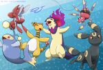  absurdres ampharos ariados closed_eyes closed_mouth commentary commission fangs fire highres hisuian_typhlosion inkbooba lanturn looking_at_viewer looking_back no_humans open_mouth pokemon pokemon_(creature) purple_fire red_eyes scizor tongue twitter_username umbreon watermark web_address yellow_eyes 