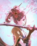 1girl absurdres black_gloves blue_sky branch brown_hair cherry_blossoms chiori_(genshin_impact) clear_sky closed_mouth day detached_sleeves drill_hair drill_ponytail elbow_gloves genshin_impact gloves grey_kimono hair_ornament hair_stick hand_up highres holding holding_sword holding_weapon japanese_clothes kimono long_hair long_sleeves looking_down midorinokaibutu4500 obi outdoors red_eyes sash short_sword side_ponytail sidelocks sky smile solo swept_bangs sword twitter_username upper_body weapon yellow_sleeves 