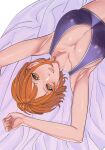  1girl armpits breasts cleavage collarbone crop_top english_commentary highres large_breasts looking_at_viewer lying medium_hair nami_(one_piece) on_back on_bed one_piece orange_eyes orange_hair smile solo teeth uukkaa white_background 