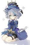  1girl :t akizuwa animal_ears ascot black_shorts blue_ascot blue_eyes blue_headwear blue_jacket brooch cat_ears cat_girl cat_tail closed_mouth full_body furina_(genshin_impact) genshin_impact grey_hair hair_between_eyes hand_on_lap hat heterochromia highres jacket jewelry kemonomimi_mode long_sleeves looking_at_viewer own_hands_together pout puff_of_air purple_eyes short_hair shorts sidelocks sitting solo tail top_hat wariza 