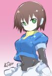  1girl aile_(mega_man_zx) arms_behind_back blue_jacket bodysuit bodysuit_under_clothes breasts cropped_jacket gradient_background green_eyes jacket large_breasts mega_man_(series) mega_man_zx pink_background robot_ears sankaku-maruno short_hair shorts signature solo upper_body white_background white_shorts 