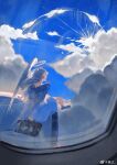  1girl airplane_interior angel angel_wings bag black_footwear blue_background blue_hair blue_sky blue_theme cloud cloudy_sky commentary day dress feathered_wings flying from_behind full_body halo highres holding holding_suitcase long_hair original outdoors shoes sitting sky solo suitcase symbol-only_commentary weibo_logo weibo_username white_dress wings youzhi 
