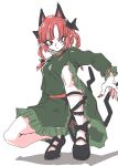  1girl animal_ears black_bow black_footwear bow braid cat_ears cat_tail closed_mouth dress extra_ears fingernails full_body green_dress hair_bow isagi kaenbyou_rin long_sleeves looking_at_viewer multiple_tails nail_polish nekomata pointy_ears red_eyes red_hair red_nails ribbon shoes simple_background sketch solo squatting tail touhou twin_braids two_tails white_background 