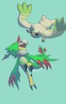 anthro bandai_namco beady_eyes beak claws digimon digimon_(species) duo feathers feet fur green_body green_feathers hi_res horn kira_dra_h long_ears male mask pteromon purple_eyes talons terriermon toes white_body white_fur wings