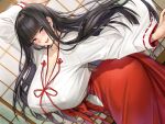  1girl absurdres ass black_hair blunt_bangs blush breasts cleavage hakama hakama_skirt highres hime_cut huge_breasts japanese_clothes kimono large_breasts lips long_hair looking_at_viewer masami_chie miko non-web_source open_mouth original purple_eyes red_hakama robe skirt smile solo wide_sleeves 