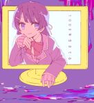  1000-nen_ikiteru_(vocaloid) 1girl arm_rest blazer bow bowtie closed_mouth collared_shirt dot_nose half_updo hand_on_own_chin head_rest jacket long_hair long_sleeves looking_at_viewer nijisanji purple_eyes purple_hair purple_jacket red_bow red_bowtie school_uniform shirt sidelocks sleeves_past_wrists smile solo sou_(tuhut) straight_hair television through_medium through_screen tsukino_mito upper_body virtual_youtuber white_shirt 