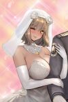  1girl absurdres anis_(nikke) bare_shoulders blush breasts bridal_veil bride brown_hair cleavage commander_(nikke) dress elbow_gloves gloves goddess_of_victory:_nikke grabbing_another&#039;s_arm highres large_breasts looking_at_viewer one_eye_closed raskasar short_hair smile solo solo_focus veil wedding wedding_dress white_dress white_gloves 