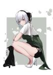  1girl absurdres artist_name bare_legs black_cat black_skirt blush capelet cat dress from_side green_dress grey_hair high_heels highres konpaku_youmu looking_at_viewer looking_to_the_side short_hair signature skirt solo squatting touhou white_capelet white_footwear yagoro_kusuriya 