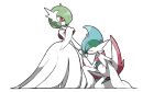  1boy 1girl arm_blade blacknirrow bob_cut closed_eyes colored_skin dress gallade gardevoir highres kiss kissing_hand kneeling looking_at_another mega_gallade mega_gardevoir mega_pokemon pokemon pokemon_(creature) red_eyes simple_background smile weapon white_skin 