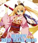  1girl 2016 animal_ears atelier-moo blonde_hair cat_ears curtained_hair floral_print_kimono furisode glasses green_eyes hagoita happy_new_year holding japanese_clothes kimono long_hair looking_at_viewer machida_madoka machidake narrow_waist new_year obi open_mouth paddle pink_kimono red-framed_eyewear sash skinny smile solo standing twintails very_long_hair 
