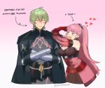  1boy 1girl armor bare_shoulders black_armor black_cape blush breasts byleth_(fire_emblem) byleth_(male)_(fire_emblem) cape cleavage commentary commission crossed_arms detached_sleeves dress earrings english_commentary english_text enlightened_byleth_(male) fire_emblem fire_emblem:_three_houses gauntlets gloves green_eyes grey_hair highres hilda_valentine_goneril jewelry large_breasts long_hair looking_at_another pink_background pink_dress pink_eyes pink_hair pomme_(lazzledazzle) red_gloves short_hair simple_background smile twintails twitter_username very_long_hair 