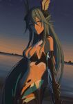  1girl adhesive_bra aqua_hair black_bra black_collar bra braid breasts collar crossed_bangs detached_collar english_commentary fins french_braid hair_between_eyes head_fins high_collar lamia_(punishing:_gray_raven) large_breasts long_hair mechanical_arms mermaid monster_girl navel punishing:_gray_raven purple_eyes shell_hair_ornament sidelocks solo underwear very_long_hair zilia 