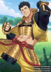  1boy abs armor bara feet_out_of_frame japanese_armor kienbiu looking_at_viewer male_focus medium_sideburns muscular muscular_male navel paid_reward_available pelvic_curtain sengoku_basara solo spiked_hair thick_eyebrows tokugawa_ieyasu_(sengoku_basara) 