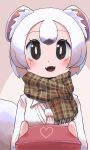  1girl animal_ears black_eyes brown_scarf cardigan extra_ears gift grey_background highres kemono_friends kemono_friends_3 looking_at_viewer necktie onaji_(sokudo_seigen) scarf shirt short_hair simple_background solo stoat_(kemono_friends) stoat_girl tail upper_body weasel_ears weasel_tail white_cardigan white_hair white_necktie white_shirt 