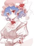  1girl 80isiiii alternate_costume ascot blue_hair closed_mouth earrings hat highres jewelry looking_at_viewer mob_cap pink_headwear pointy_ears red_eyes red_nails remilia_scarlet short_hair short_sleeves simple_background solo touhou upper_body white_background 