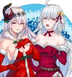  2girls alternate_costume bangs bare_shoulders bell bow breasts christmas cleavage dark_jeanne elbow_gloves fate/grand_order fate_(series) feathers fur_collar fur_trim gloves granblue_fantasy hair_ornament highres jeanne_d&#039;arc_(alter)_(fate) jeanne_d&#039;arc_(fate)_(all) jingle_bell kinoko_(shikimylove) large_breasts long_hair looking_at_viewer mistletoe multiple_girls open_mouth red_bow red_eyes red_ribbon ribbon santa_costume silver_hair simple_background smile tsurime white_background white_hair yellow_eyes 