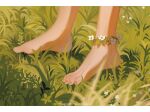  1boy anklet barefoot blurry blurry_foreground close-up cognacbear feet feet_only flower foot_focus grass highres jewelry letterboxed original out_of_frame outdoors plant solo toenails toes twitter_username white_flower 