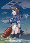  absurdres aircraft airplane airship boat boots braid brown_hair camera covered_navel erica_(naze1940) gloves green_eyes hat highres horizon long_hair looking_at_viewer military_hat military_uniform one-piece_swimsuit open_mouth original sailor_collar short_sleeves swim_ring swimsuit swimsuit_under_clothes uniform wading watch watercraft 