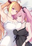  2girls absurdres ahoge armpits bare_shoulders black_nightgown black_ribbon blonde_hair breasts cleavage commission dragon_girl dragon_horns earrings face_to_breasts fang gradient_eyes hair_intakes hand_on_another&#039;s_shoulder highres hololive hololive_english horns jewelry kiryu_coco lace-trimmed_nightgown long_hair looking_at_viewer lying mori_calliope mori_calliope_(6th_costume) multicolored_eyes multicolored_hair multiple_girls nightgown on_back pink_eyes pink_hair purple_eyes red_eyes ribbon see-through see-through_cleavage see-through_silhouette selfie skeb_commission skin_fang skull_choker skull_earrings sleepwear smile sora_shitatoge streaked_hair twintails underbust very_long_hair virtual_youtuber white_nightgown 