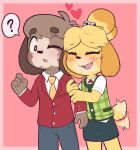  1boy 1girl ? absurdres animal_crossing black_pants black_skirt blush brother_and_sister brown_fur closed_eyes collared_shirt digby_(animal_crossing) furry furry_female furry_male green_vest heart highres isabelle_(animal_crossing) jacket motion_blur necktie one_eye_closed open_mouth orange_necktie pants pink_background plaid plaid_vest porldraws red_jacket shirt short_sleeves siblings skirt speech_bubble tail tail_wagging vest white_shirt yellow_fur 