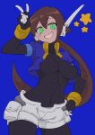  1girl absurdres aile_(mega_man_zx) black_bodysuit blue_background blue_jacket bodysuit bodysuit_under_clothes breasts brown_hair buzzlyears covered_collarbone cowboy_shot cropped_jacket green_eyes hand_on_own_hip highres jacket large_breasts long_hair looking_at_viewer mega_man_(series) mega_man_zx mega_man_zx_advent open_clothes open_jacket ponytail shorts simple_background smile solo v white_shorts 