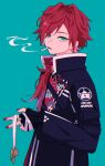  1boy aqua_background black_gloves black_jacket cigarette fingerless_gloves gloves green_eyes highres holding jacket lapels lauren_iroas long_hair looking_at_viewer male_focus nasi_w2 nijisanji open_clothes open_jacket red_hair red_nails simple_background smoke_trail smoking solo standing upper_body 