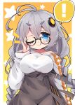  ! 1girl ;q absurdres adjusting_eyewear black-framed_eyewear blue_eyes braid breasts closed_mouth collarbone commentary_request glasses grey_hair grey_skirt hair_between_eyes hand_up high-waist_skirt highres kizuna_akari large_breasts long_hair long_sleeves looking_at_viewer low_twintails milkpanda off_shoulder one_eye_closed orange_background puffy_long_sleeves puffy_sleeves shirt short_eyebrows skirt smile solo spoken_exclamation_mark starry_background thick_eyebrows tongue tongue_out twin_braids twintails two-tone_background v-shaped_eyebrows very_long_hair voiceroid white_background white_shirt yellow_background 