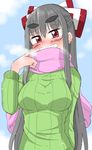  blush breasts commentary_request fujiwara_no_mokou grin hair_ribbon highres large_breasts red_eyes ribbed_sweater ribbon scarf silver_hair smile solo steam sweater takeu thick_eyebrows touhou 