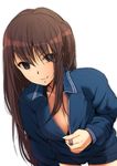  breasts brown_hair cleavage dangorou_(yushi-art) jacket leaning_forward long_hair medium_breasts naughty_face seiren shorts side_ponytail solo track_jacket track_suit tsuneki_hikari unzipping white_background 