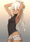  absurdres armpits arms_up breasts commentary_request covered_navel cowboy_shot dark_skin gradient gradient_background groin highres hiraga_matsuri long_hair midriff open_fly original perky_breasts ponytail red_eyes short_shorts shorts silver_hair simple_background sleeveless small_breasts solo turtleneck very_long_hair 