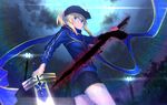 ahoge artoria_pendragon_(all) bangs baseball_cap blonde_hair blue_moon blue_scarf blurry breasts closed_mouth cloud cloudy_sky commentary_request depth_of_field dual_wielding excalibur eyebrows_visible_through_hair fate_(series) from_below from_side full_moon green_eyes hair_between_eyes hat highres holding holding_sword holding_weapon jacket lamppost light_rays lip-mil looking_at_viewer moon moonlight mysterious_heroine_x night night_sky outdoors ponytail rainbow rojiura_satsuki:_chapter_heroine_sanctuary scarf short_shorts shorts sky small_breasts solo star_(sky) starry_sky sword thighs track_jacket weapon 
