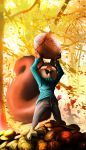  2018 anthro autumn barefoot buckteeth clothed clothing english_text female holding_object leaf mammal nut open_mouth outside qalcove_(character) rodent signature solo squirrel standing teeth text thewyvernsweaver tree yellow_eyes 