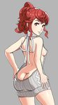  1girl anna_(fire_emblem) ass back backless_outfit bangs bare_back bare_shoulders breasts butt_crack cowboy_shot dress female fire_emblem fire_emblem_if from_behind grey_background grey_dress hair hands_on_hips looking_at_viewer matching_hair/eyes naked_sweater nintendo no_bra no_panties no_underwear open-back_dress ponytail red_eyes red_hair ribbed_sweater sideboob simple_background smile solo sunbeam_(artist) sweater sweater_dress turtleneck turtleneck_sweater virgin_killer_sweater 