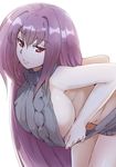  breasts fate/grand_order fate_(series) halterneck highres large_breasts long_hair meme_attire purple_hair red_eyes scathach_(fate)_(all) scathach_(fate/grand_order) sideboob simple_background solo virgin_killer_sweater white_background wo_jianqiang_fu_guo 